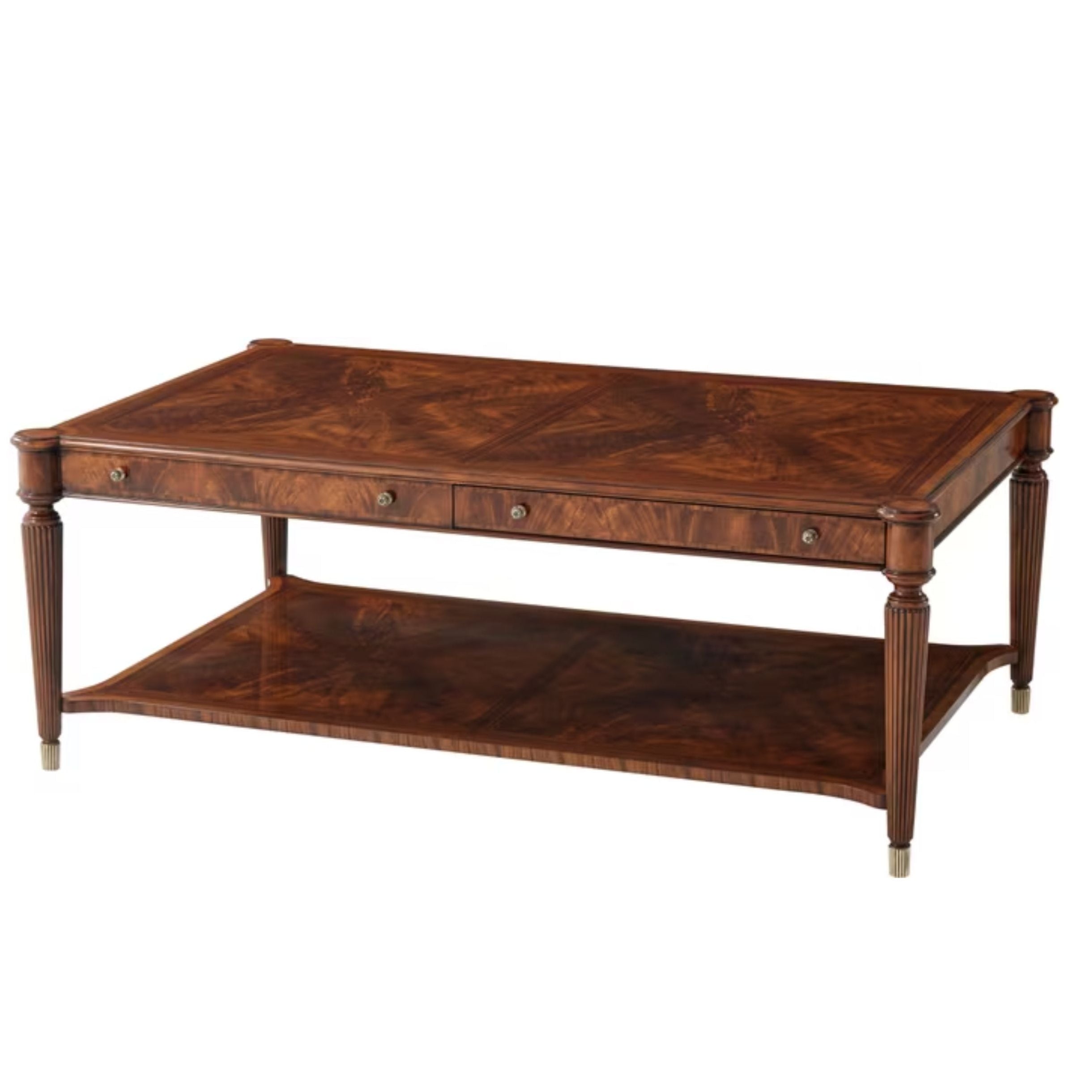 A rectangular, flame veneered, satinwood and morado crossbanded cocktail table with brass feet and rounded protruding corners, featuring two side drawers and a lower shelf.