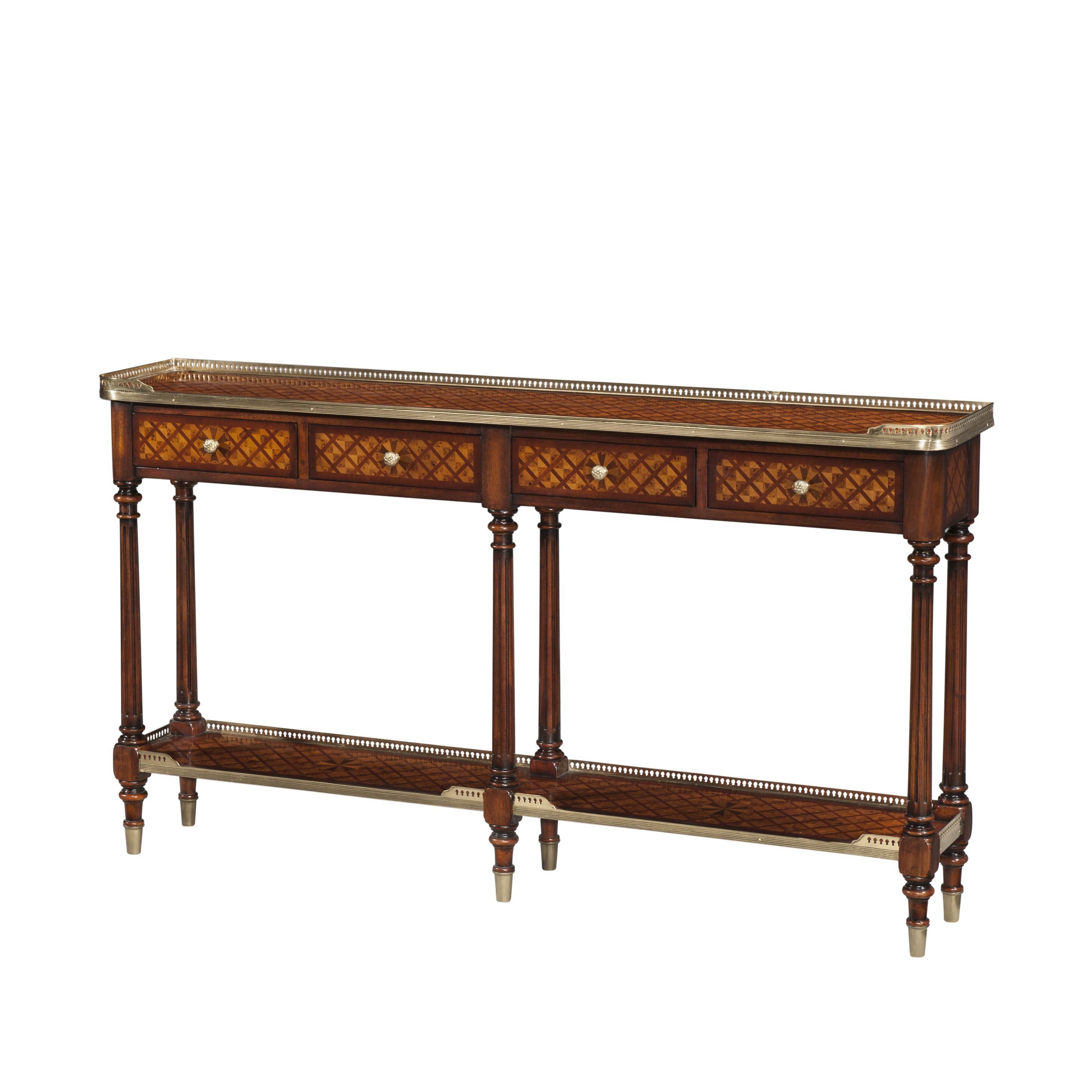 BURL LATTICE PARQUETRY, BRASS MOUNTED CONSOLE TABLE