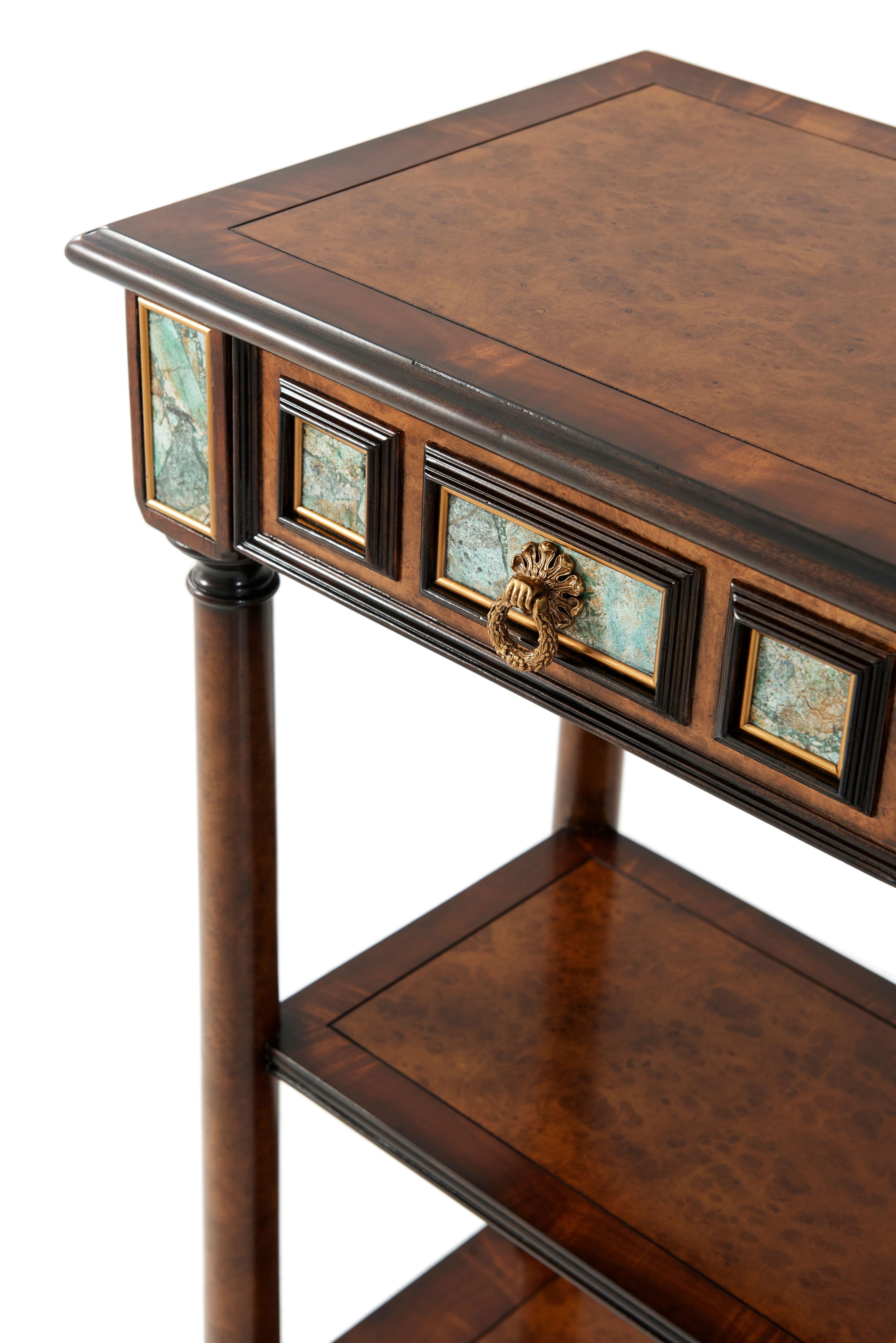 A POLLARD BURL AND TURQUOISE STONE INLAID CONSOLE TABLE