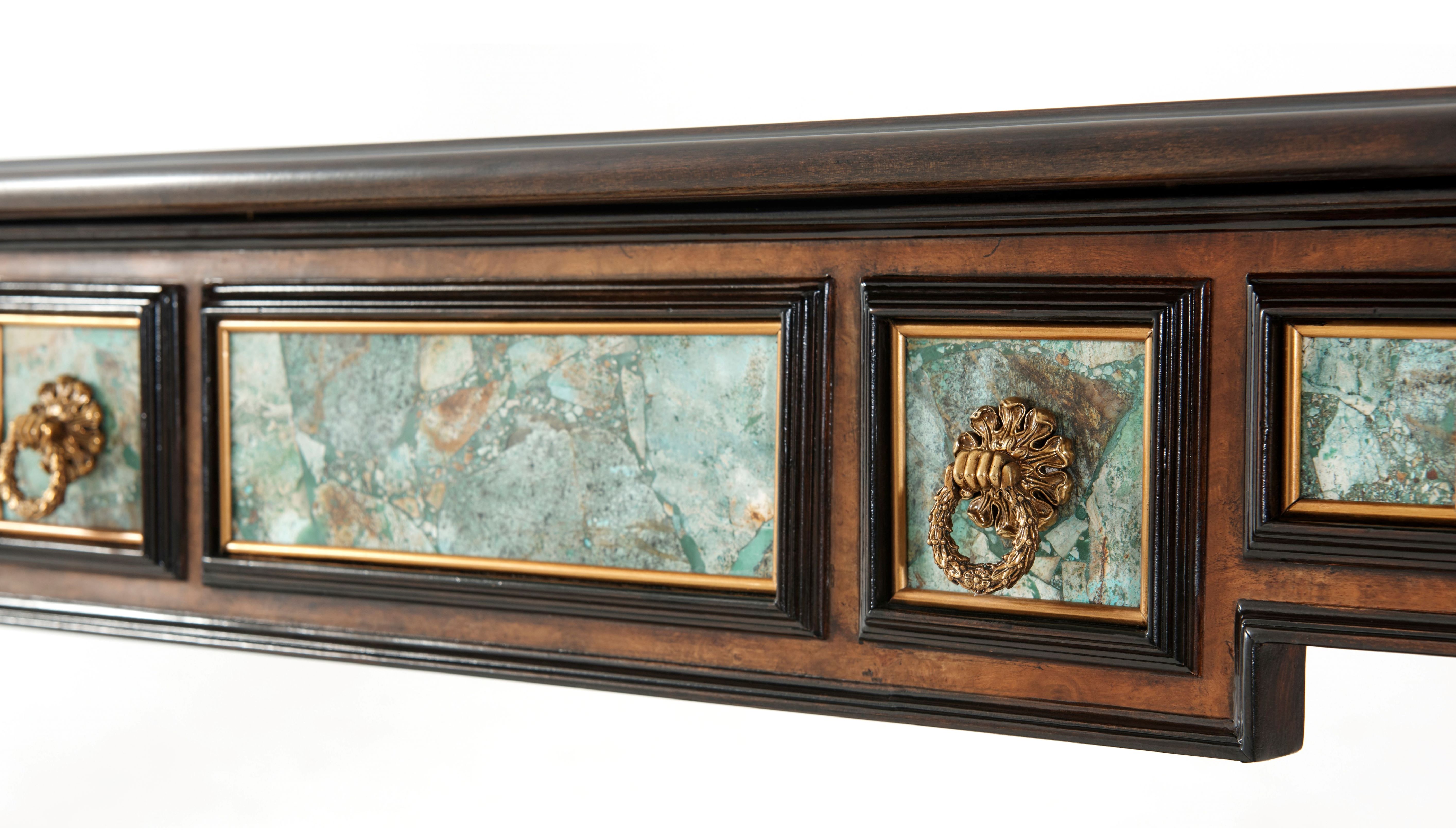 A POLLARD BURL AND TURQUOISE STONE INLAID CONSOLE TABLE