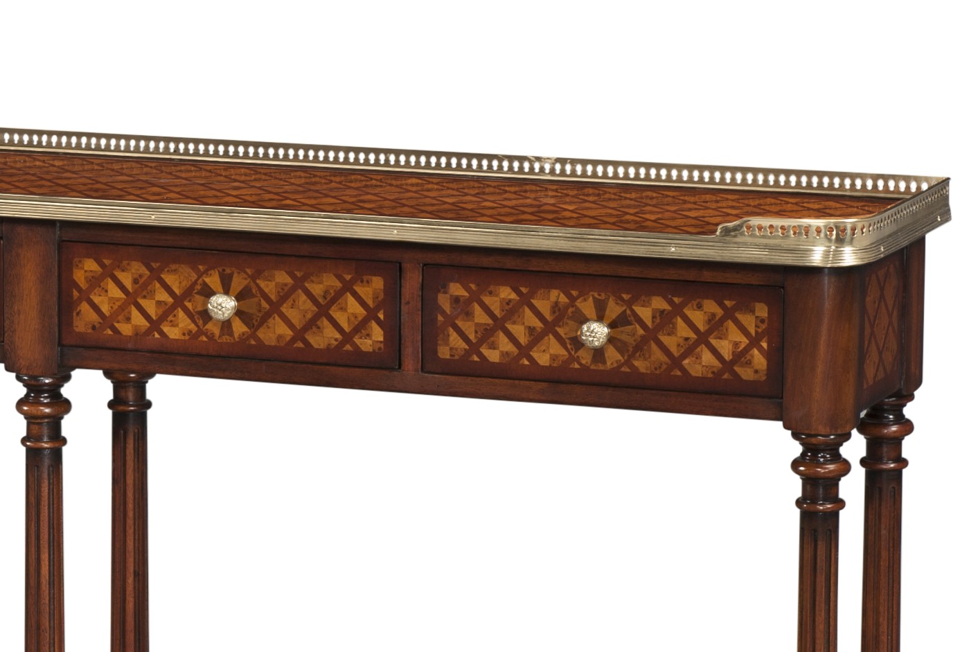 BURL LATTICE PARQUETRY, BRASS MOUNTED CONSOLE TABLE